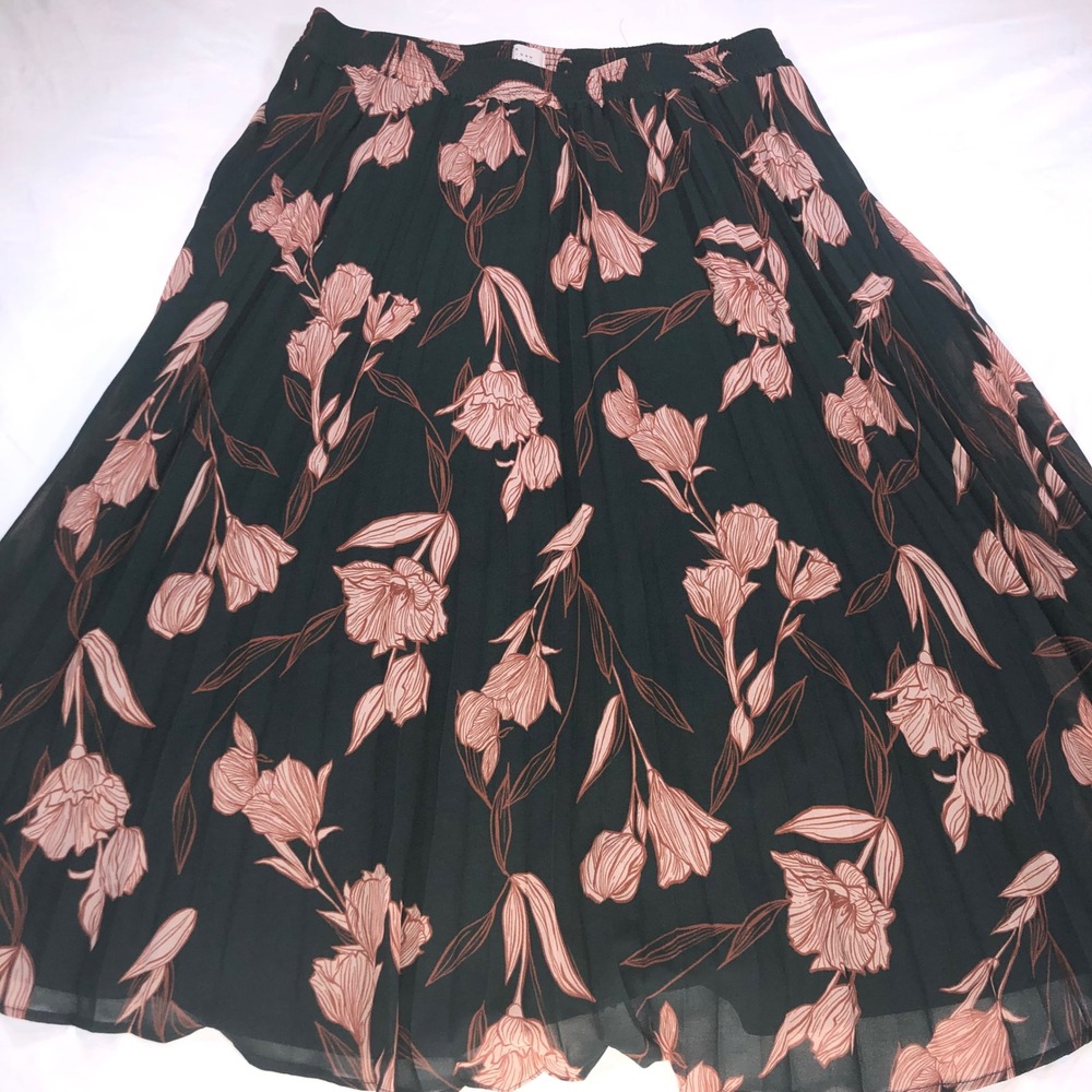 A New Day Green Pink Floral Pleated Midi Skirt Elastic Waist L RN17730